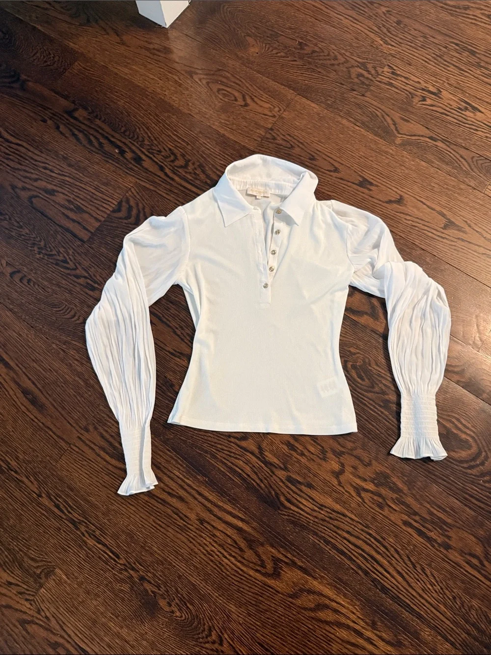 Ramy Brook White Long-Sleeve Collared Polo with Pleated Balloon Sleeves - Picture 1 of 4